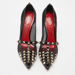 Pre Owned Valentino Black Patent Leather and Mesh Rockstud Alcove Pumps Size 36.5