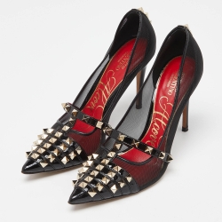 Pre Owned Valentino Black Patent Leather and Mesh Rockstud Alcove Pumps Size 36.5