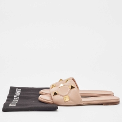 Pre Owned Valentino Beige Quilted Leather Roman Stud Flat Slides Size 36.5