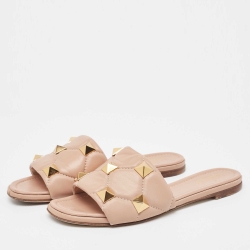 Pre Owned Valentino Beige Quilted Leather Roman Stud Flat Slides Size 36.5