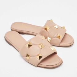 Pre Owned Valentino Beige Quilted Leather Roman Stud Flat Slides Size 36.5