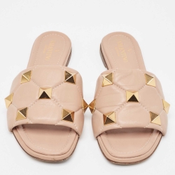 Pre Owned Valentino Beige Quilted Leather Roman Stud Flat Slides Size 36.5