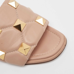 Pre Owned Valentino Beige Quilted Leather Roman Stud Flat Slides Size 36.5
