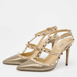 Pre Owned Valentino Metallic/Dusty Pink Leather Rockstud Ankle Strap Pumps Size 38