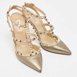 Pre Owned Valentino Metallic/Dusty Pink Leather Rockstud Ankle Strap Pumps Size 38