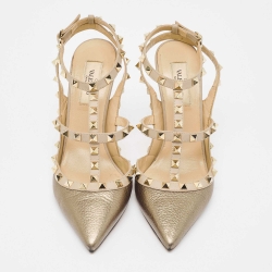 Pre Owned Valentino Metallic/Dusty Pink Leather Rockstud Ankle Strap Pumps Size 38