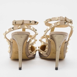 Pre Owned Valentino Metallic/Dusty Pink Leather Rockstud Ankle Strap Pumps Size 38