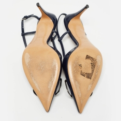 Pre Owned Valentino Navy Blue Patent Leather Vlogo Slingback Pumps Size 36.5