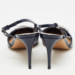 Pre Owned Valentino Navy Blue Patent Leather Vlogo Slingback Pumps Size 36.5