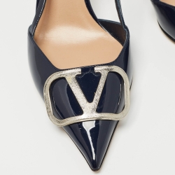 Pre Owned Valentino Navy Blue Patent Leather Vlogo Slingback Pumps Size 36.5
