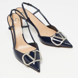 Pre Owned Valentino Navy Blue Patent Leather Vlogo Slingback Pumps Size 36.5