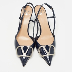 Pre Owned Valentino Navy Blue Patent Leather Vlogo Slingback Pumps Size 36.5