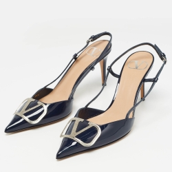 Pre Owned Valentino Navy Blue Patent Leather Vlogo Slingback Pumps Size 36.5