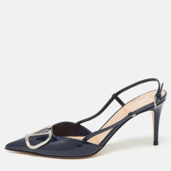 Pre Owned Valentino Navy Blue Patent Leather Vlogo Slingback Pumps Size 36.5