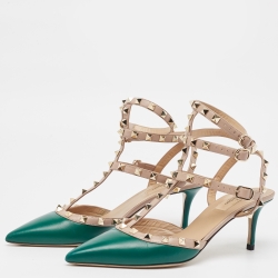 مملوكة مسبقًا صندل فالنتينو بطراز قفصي مرصع بروكستد جلد لامع أحمر و حواف جلد بيج مقاس 39.5