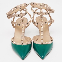 م ملوكة مسبقًا صندل فالنتينو بطراز قفصي مرصع بروكستد جلد لامع أحمر و حواف جلد بيج مقاس 39.5