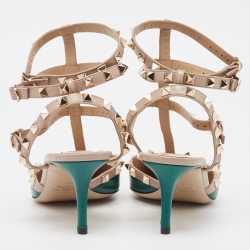 مملوكة مسبقًا صندل فالنتينو بطراز قفصي مرصع بروكستد جلد لامع أحمر و حواف جلد بيج مقاس 39.5