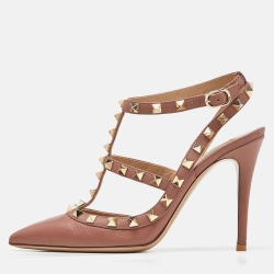Pink Leather Rockstud Strappy Pointed Toe Pumps