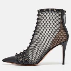 Black Mesh And Leather Rockstud Ankle Boots