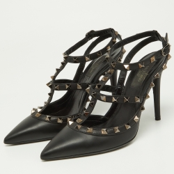 Pre Owned Valentino Black Leather Rockstud Strappy Pointed Toe Pumps Size Size 38.5