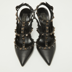 Pre Owned Valentino Black Leather Rockstud Strappy Pointed Toe Pumps Size Size 38.5
