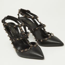 Pre Owned Valentino Black Leather Rockstud Strappy Pointed Toe Pumps Size Size 38.5