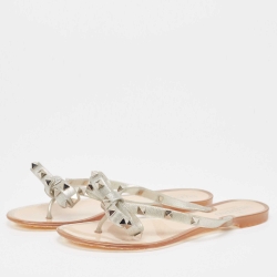 Pre Owned Valentino Silver Jelly Bow Thong Flats Size 36