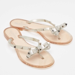 Pre Owned Valentino Silver Jelly Bow Thong Flats Size 36