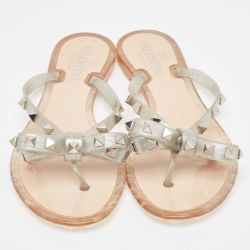 Pre Owned Valentino Silver Jelly Bow Thong Flats Size 36