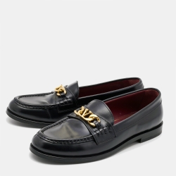 Pre Owned Valentino Black Leather Escape V logo Loafers Size 38