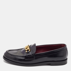 Pre Owned Valentino Black Leather Escape V logo Loafers Size 38
