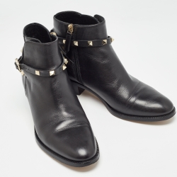 Pre Owned Valentino Black Leather Rockstud Ankle  Boots Size 40