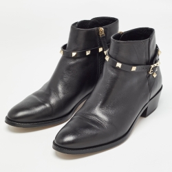 Pre Owned Valentino Black Leather Rockstud Ankle  Boots Size 40