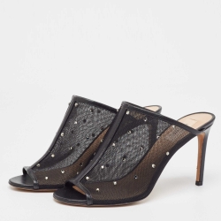 Pre Owned Valentino Black Mesh Crystal Embellished Open Toe Mules Size 39