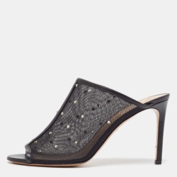 Pre Owned Valentino Black Mesh Crystal Embellished Open Toe Mules Size 39