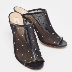 Pre Owned Valentino Black Mesh Crystal Embellished Open Toe Mules Size 39
