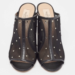 Pre Owned Valentino Black Mesh Crystal Embellished Open Toe Mules Size 39