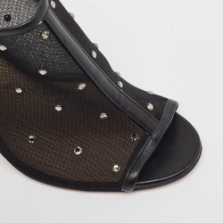 Pre Owned Valentino Black Mesh Crystal Embellished Open Toe Mules Size 39