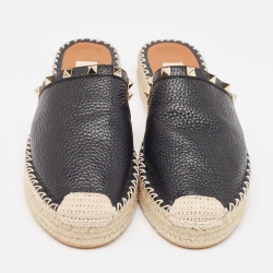 Pre Owned Valentino Black Leather Rockstud Espadrille Mules Size 39