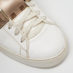 Pre Owned Valentino White/Brown Leather Rockstud Low Top Sneakers Size 38