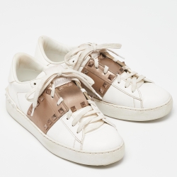 Pre Owned Valentino White/Brown Leather Rockstud Low Top Sneakers Size 38