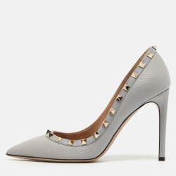 Grey Leather Rockstud Pointed Toe Pumps