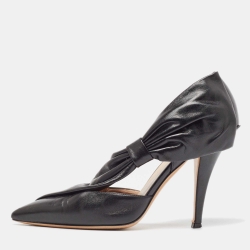 Black Leather Bow Pointed Toe Pumps