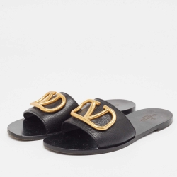 مملوكة مسبقًا Valentino Black Leather Escape VLogo Flat Slides Size 38