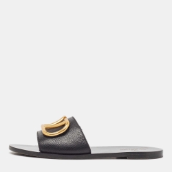 مملوكة مسبقًا Valentino Black Leather Escape VLogo Flat Slides Size 38