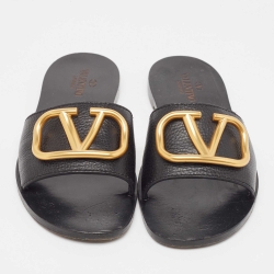 مملوكة مسبقًا Valentino Black Leather Escape VLogo Flat Slides Size 38