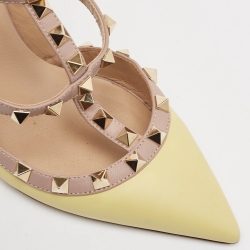 Pre Owned Valentino Beige/Yellow Leather Rockstud Strappy Pointed Toe Pumps Size 37.5