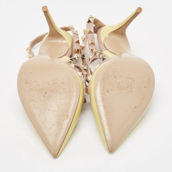 Pre Owned Valentino Beige/Yellow Leather Rockstud Strappy Pointed Toe Pumps Size 37.5