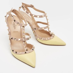 Pre Owned Valentino Beige/Yellow Leather Rockstud Strappy Pointed Toe Pumps Size 37.5