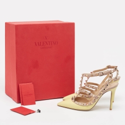 Pre Owned Valentino Beige/Yellow Leather Rockstud Strappy Pointed Toe Pumps Size 37.5